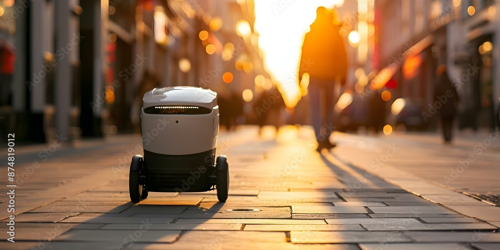 Poster futuristic intelligent delivery robot navigating city sidewalks for efficient courier services. conc