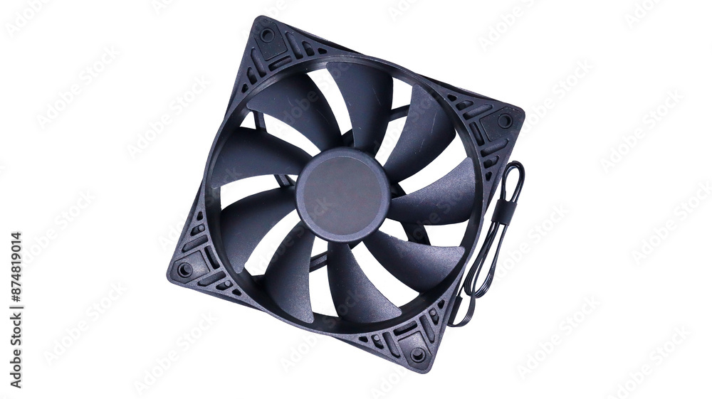 Poster a black computer cooling fan isolated on a white background. it's a powerful device designed for eff
