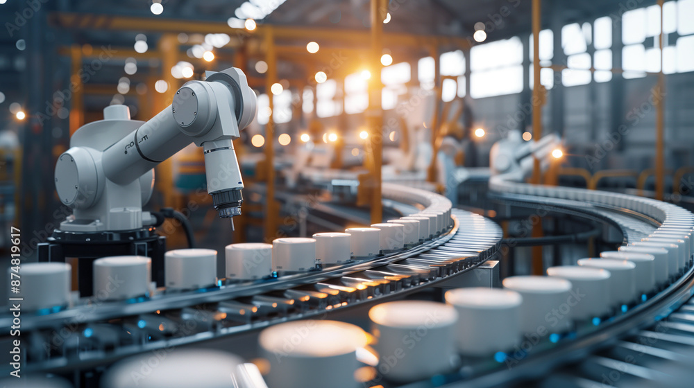 Poster white robot arms on an automated production line for electric vehicle battery components. the proces