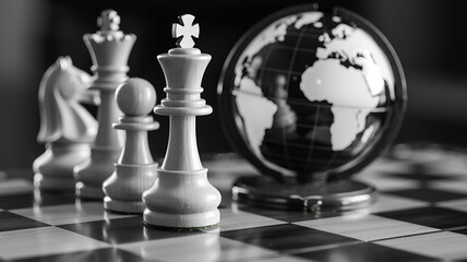 white chess pieces on chess board with globe, world chess day representing illustration 