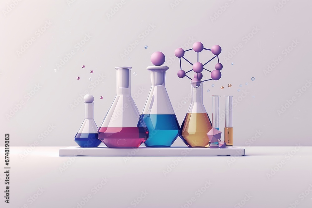 Poster elegant laboratory glassware with colorful liquids and dynamic particles, representing modern scient
