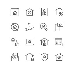 Set of real estate and house icons, loan, sale, property, money, apartment and linear variety vectors.	
