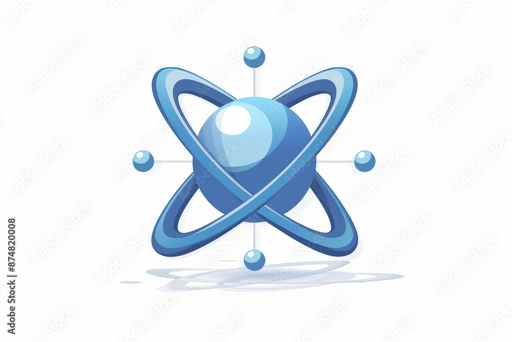 Poster abstract atomic model with glowing particles and geometric shapes, representing advanced scientific 
