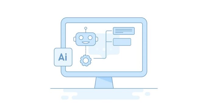 Ai chat bot offers business solutions. Ai robot chat bot giving text answer on desktop computer monitor screen. 2d animation video with alpha channel