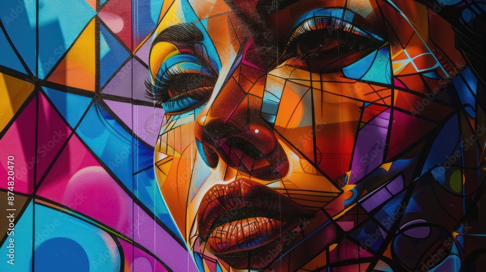 Aufkleber abstract representation of a woman's face in front of colorful geometric shapes and patterns