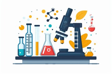 Modern microscope with vibrant laboratory glassware, highlighting advanced scientific research and precision in a clean setting