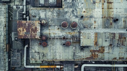 Aerial view of a flat shingle roof of an industrial building, featuring multiple vents and utility structures. The rooftop shows signs of wear and tear, with visible patches and weathering.