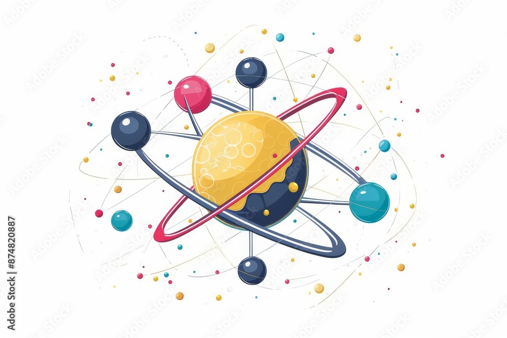 Poster futuristic atomic model with vibrant colors and dynamic particles, representing advanced scientific 