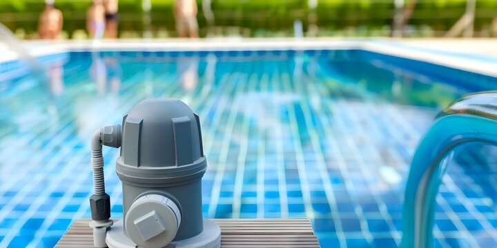 Solarpowered pool pump with panels on wooden deck people in background. Concept Solar Power, Pool Pump, Panels, Wooden Deck, People
