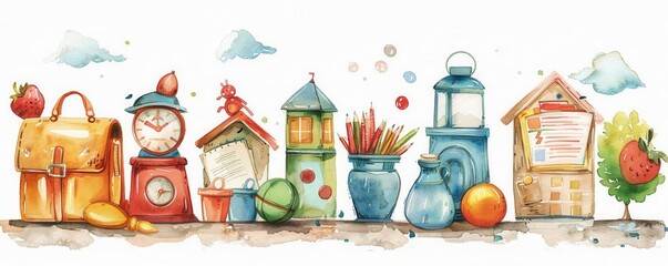 A watercolor illustration of a whimsical cityscape with brightly colored houses and shops.