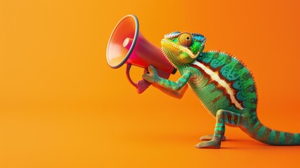 Creative announcement concept. A vibrant chameleon appears to be shouting into a megaphone against a solid orange background, showcasing a playful mix of wildlife
