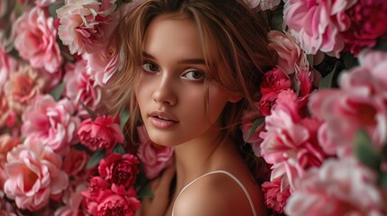 Naklejka premium Feminine Elegance: A Beautiful Caucasian Woman Posing in a Studio with a Background of Lovely Pink and Red Floral Flowers