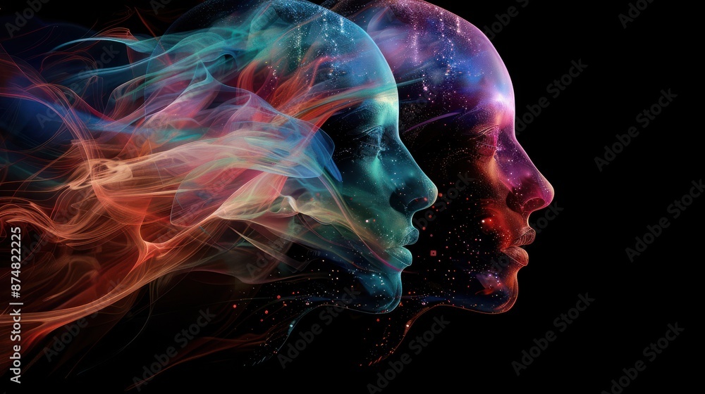 Poster interplay of human head silhouettes technology and fractal patterns in the context of artificial int