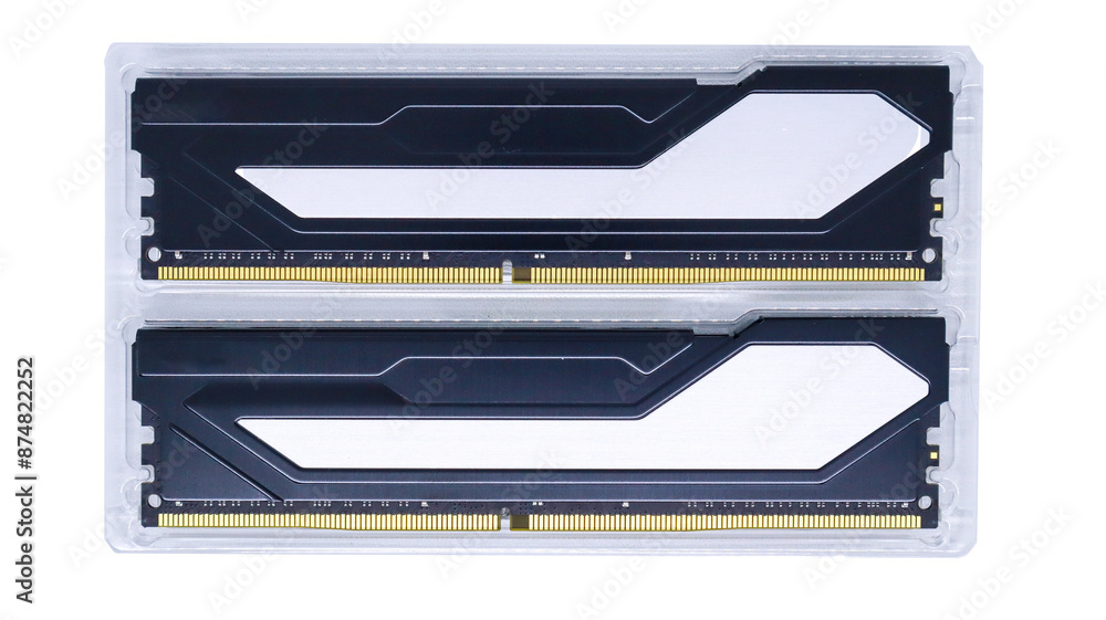 Poster close up of two high-performance ram modules in a protective plastic package. the modules feature bl