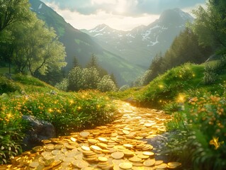 A river of golden coins flowing through a lush green valley symbolizing abundant financial resources and growth