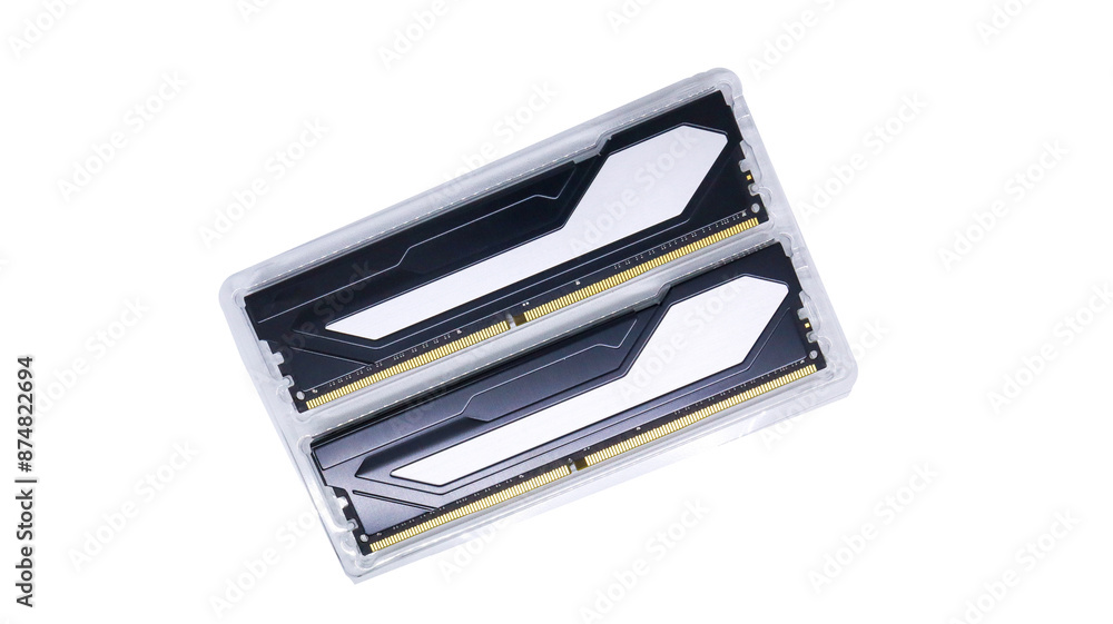 Poster two sticks of ram in transparent plastic packaging. these sticks are designed for a computer or lapt