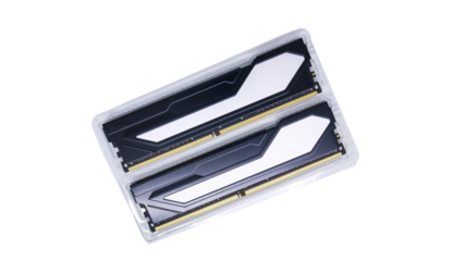 Two sticks of RAM in transparent plastic packaging. These sticks are designed for a computer or laptop and are used to boost performance and enhance the system's capacity.