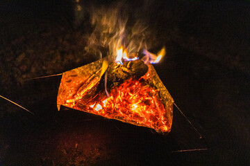 burning fire in the fireplace