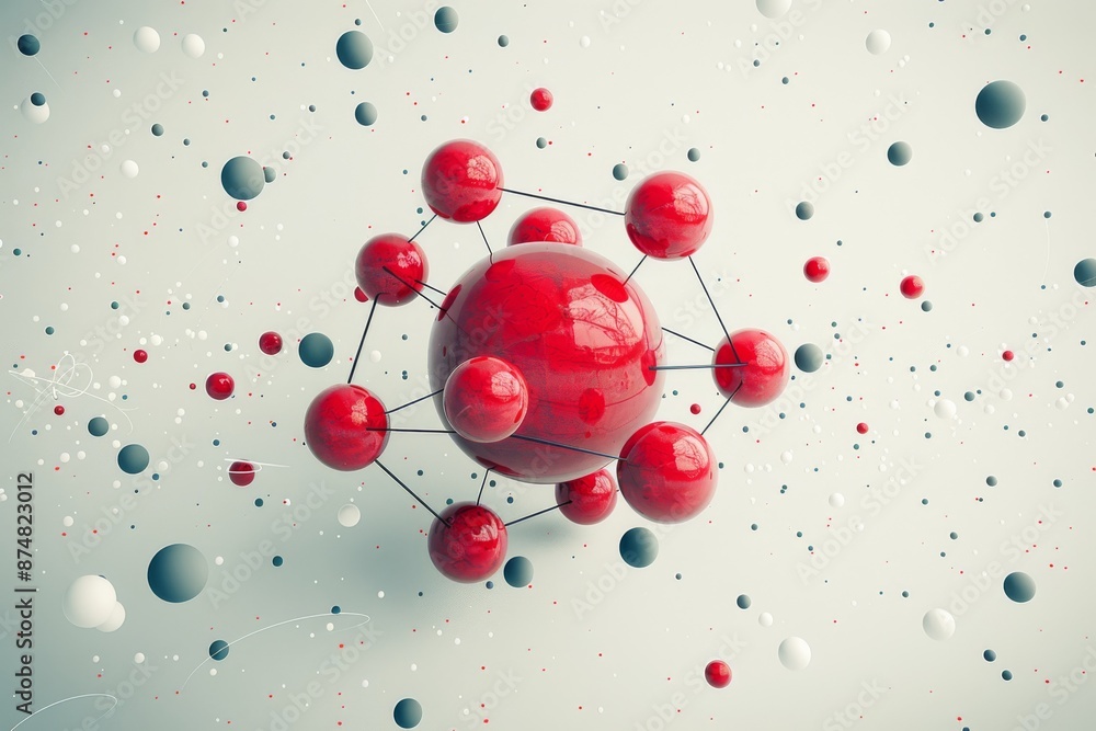 Poster abstract molecular model with dynamic particles and glowing elements, representing advanced scientif