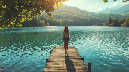 Young woman relaxing on wooden pier by lake.