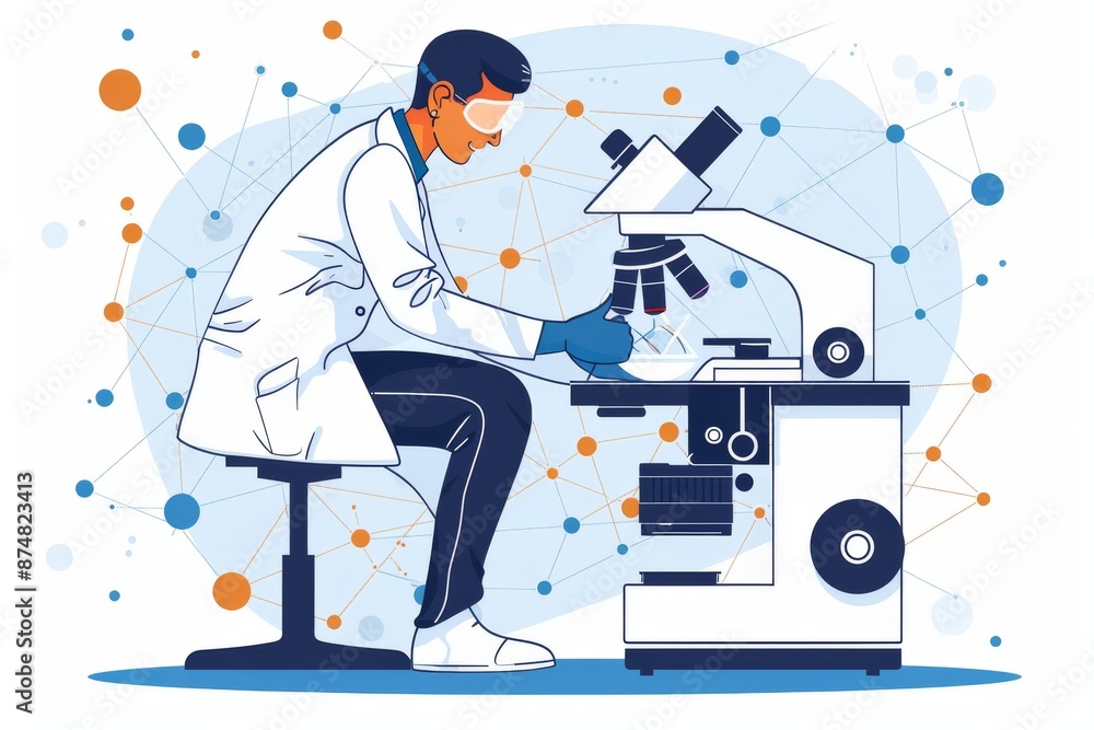 Aufkleber scientist working with a microscope in a futuristic laboratory, surrounded by digital elements and s