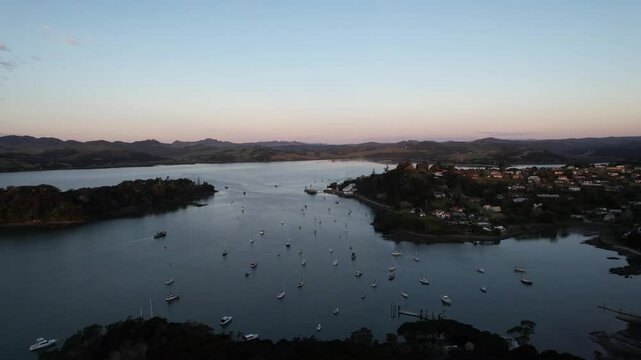 Drone footage at dusk over Mangonui Harbour in New Zealand.
