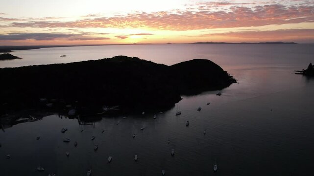Sunset drone footage over Mangonui Harbour in New Zealand