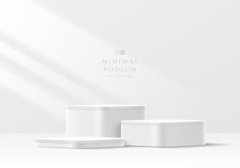 3D white round product podium set background with window lighting. Abstract composition in minimalist design. 3D studio display showroom cosmetic product pedestal, Fashion stage showcase mockup scene