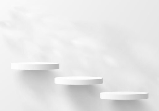 3D white round product podium step floating on the wall background. Abstract geometric composition in minimalist design. Studio display showroom product pedestal, Fashion stage showcase mockup scene.