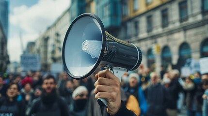 Megaphone in the hand of a man on the street