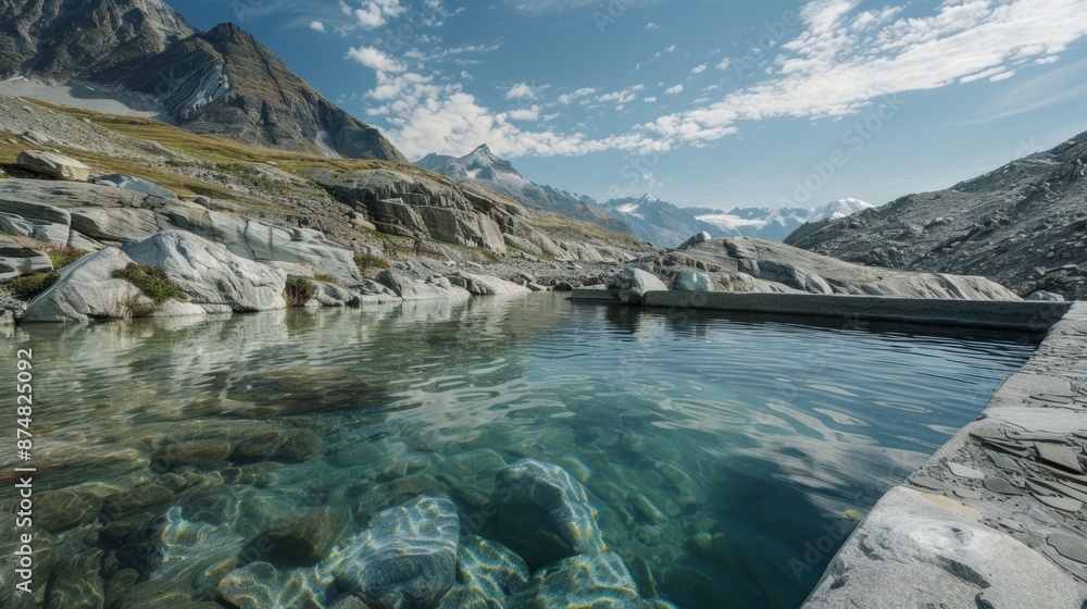 Poster a tranquil glacial lake with an ice bath situated next to its crystalclear waters allowing for a rej