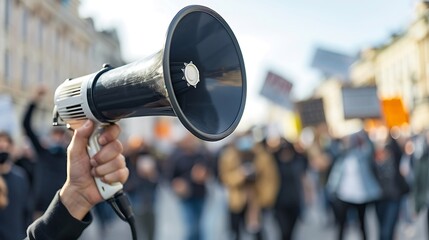 Megaphone in the hand of a man on the street