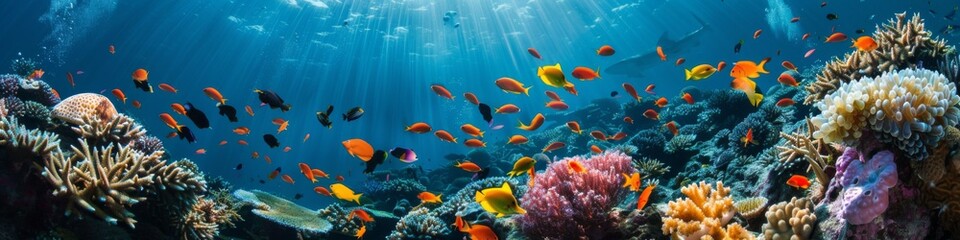 Fototapeta premium Underwater World Filled with Mysterious and Beautiful Marine Life, Showcasing Powerful and Graceful Creatures Roaming the Depths of the Ocean, Highlighting the Wonders and Mysteries of the Sea for Wor