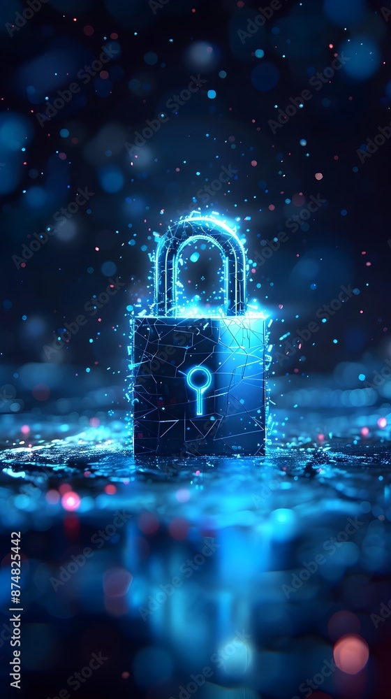 Poster glowing padlock icon representing digital security in a futuristic network
