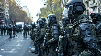 Riot police lined up in formation with tactical gear in an urban environment