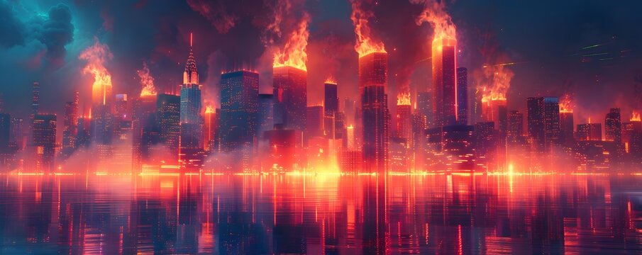 Futuristic Cityscape Ablaze with Neon Lights and Fiery Flames in Vibrant Sci Fi Landscape