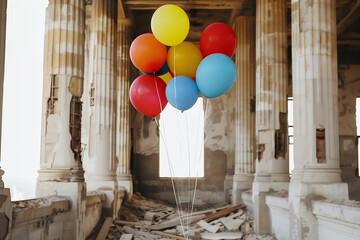 Colorful balloons floating in the ruins.