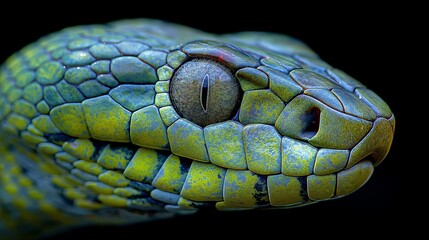 Fototapeta premium The detailed and vibrant scales of a green mamba snake radiate with a deadly beauty, highlighting the creature's intricate textures.