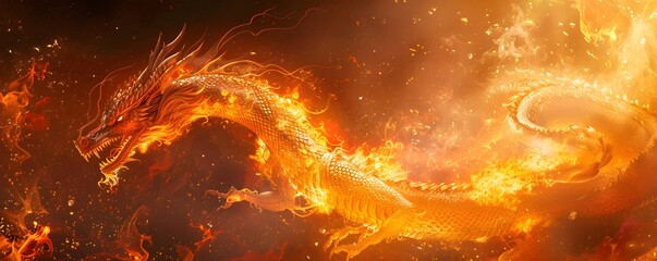 Majestic Fire Dragon Coiled Around a Glittering Treasure Hoard