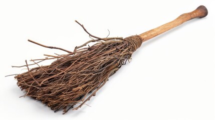Witch broom ornament, Halloween element, rustic style, brown and straw, isolated on white background