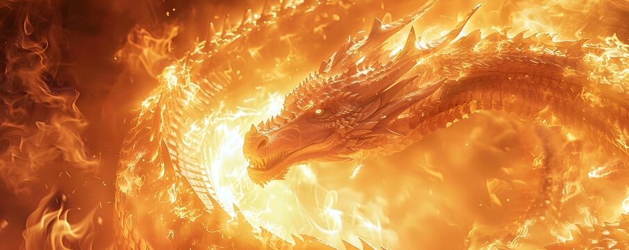 Fierce Fire Dragon Curled Around Valuable Treasure in Vibrant Mythical Backdrop