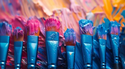 Obraz premium A vivid array of paintbrushes with colorful bristles soaked in paint, ready for artistic endeavors.