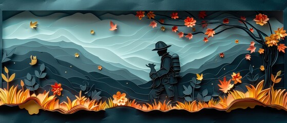 Paper cut firefighter rescuing a cat from a tree.
