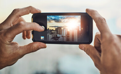 Hands, smartphone and screen with city for photography, urban view and mobile phone display for digital image. Person, closeup and pov of travel photo for memory, social media post and personal blog.