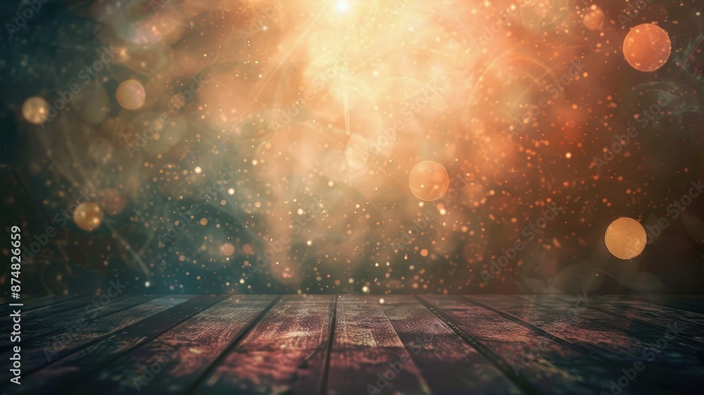 Poster wooden table with bokeh lights background - wooden table surface against a bokeh light background. t