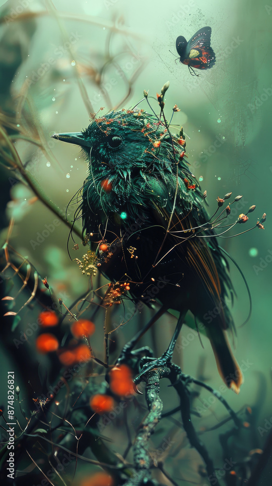 Poster a mystical bird in a dreamlike forest - a mystical bird with a delicate butterfly perched on a branc