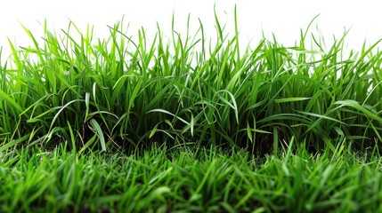 Fototapeta premium Object of a plot of lush green grass on a white background with neatly trimmed grass, ground level view. cut blades of grass. well maintained lawn