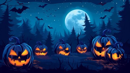 A whimsical vector illustration of a Halloween night scene featuring glowing pumpkins under a moonlit sky, nestled in a mysterious forest.
