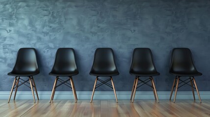 Obraz premium Five Black Chairs in a Row - Five black chairs in a row against a blue wall, evoking a sense of anticipation or a waiting area. - Five black chairs in a row against a blue wall, evoking a sense of ant