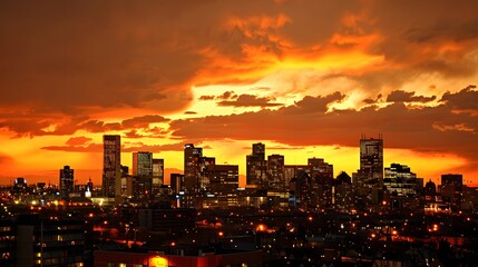 Fototapeta premium Glowing cityscape under vibrant setting sun